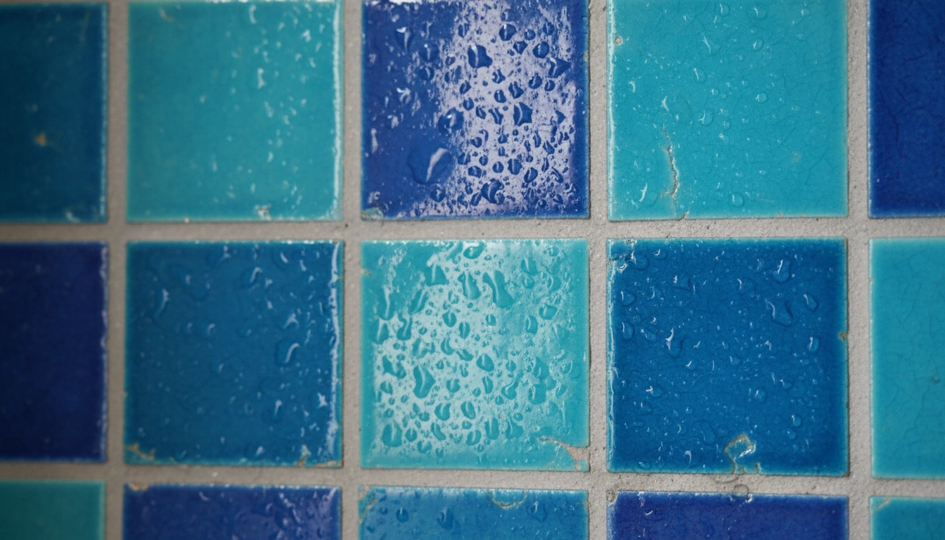 A close-up of handmade blue Zellige tiles with irregular edges and varying shades.