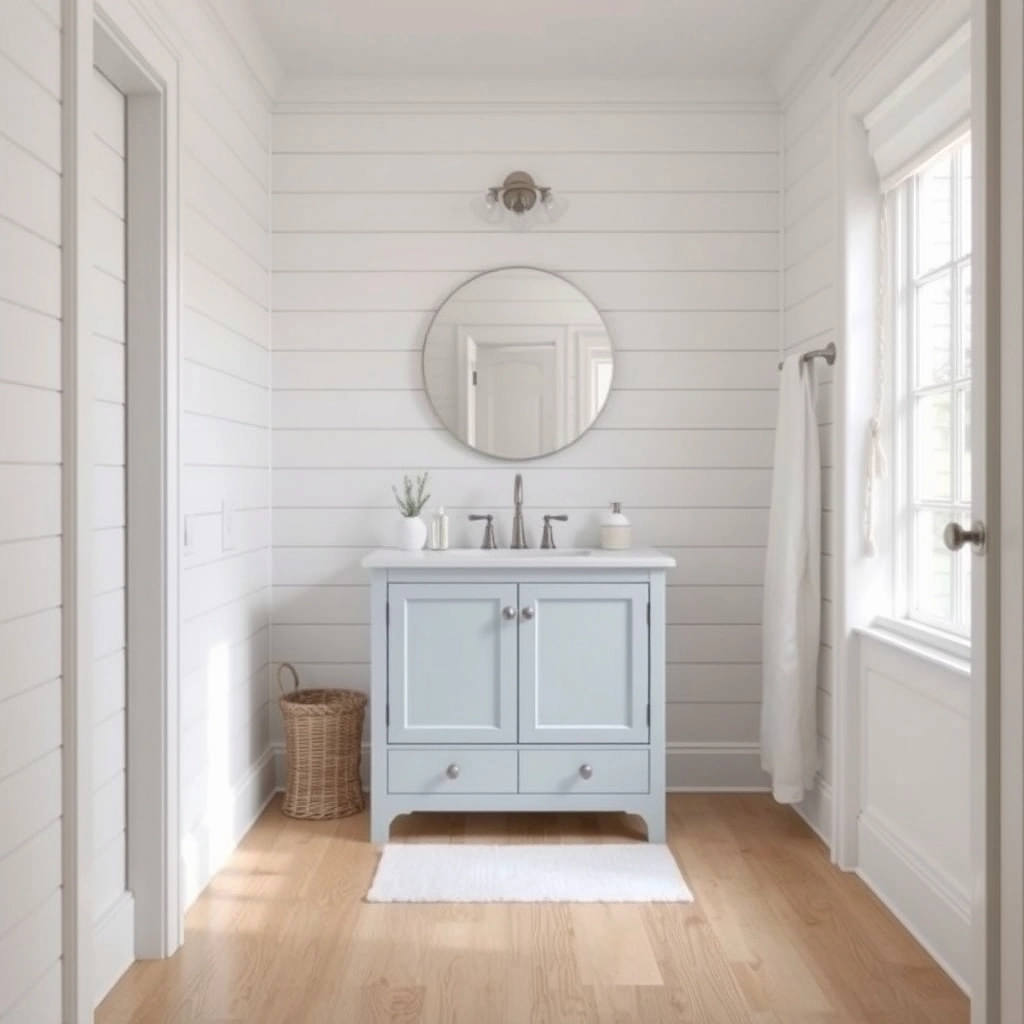 A coastal bathroom featuring white shiplap walls and a soft blue vanity with light oak accents.