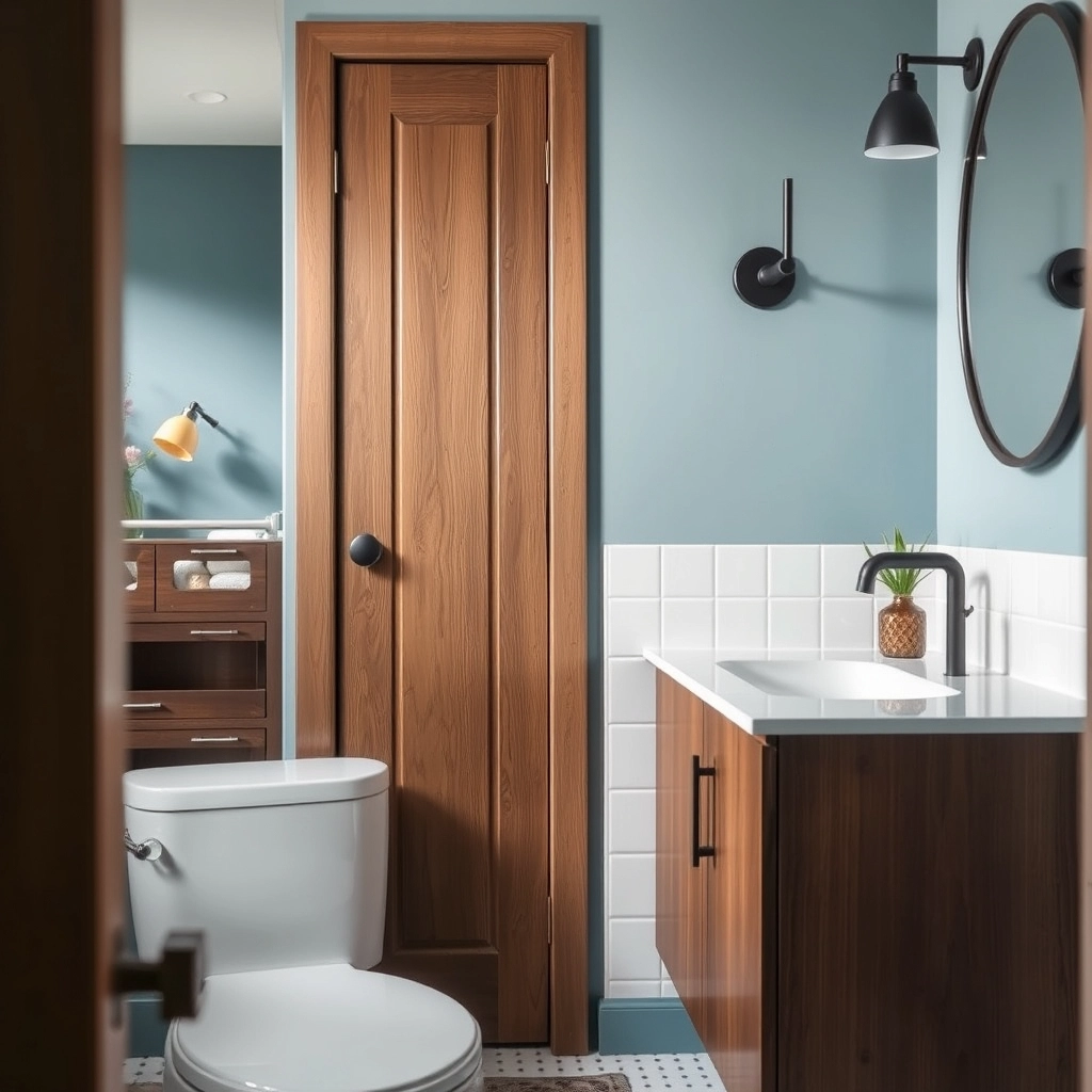 A powder blue bathroom wall paired with a mid-century walnut vanity and black hardware.