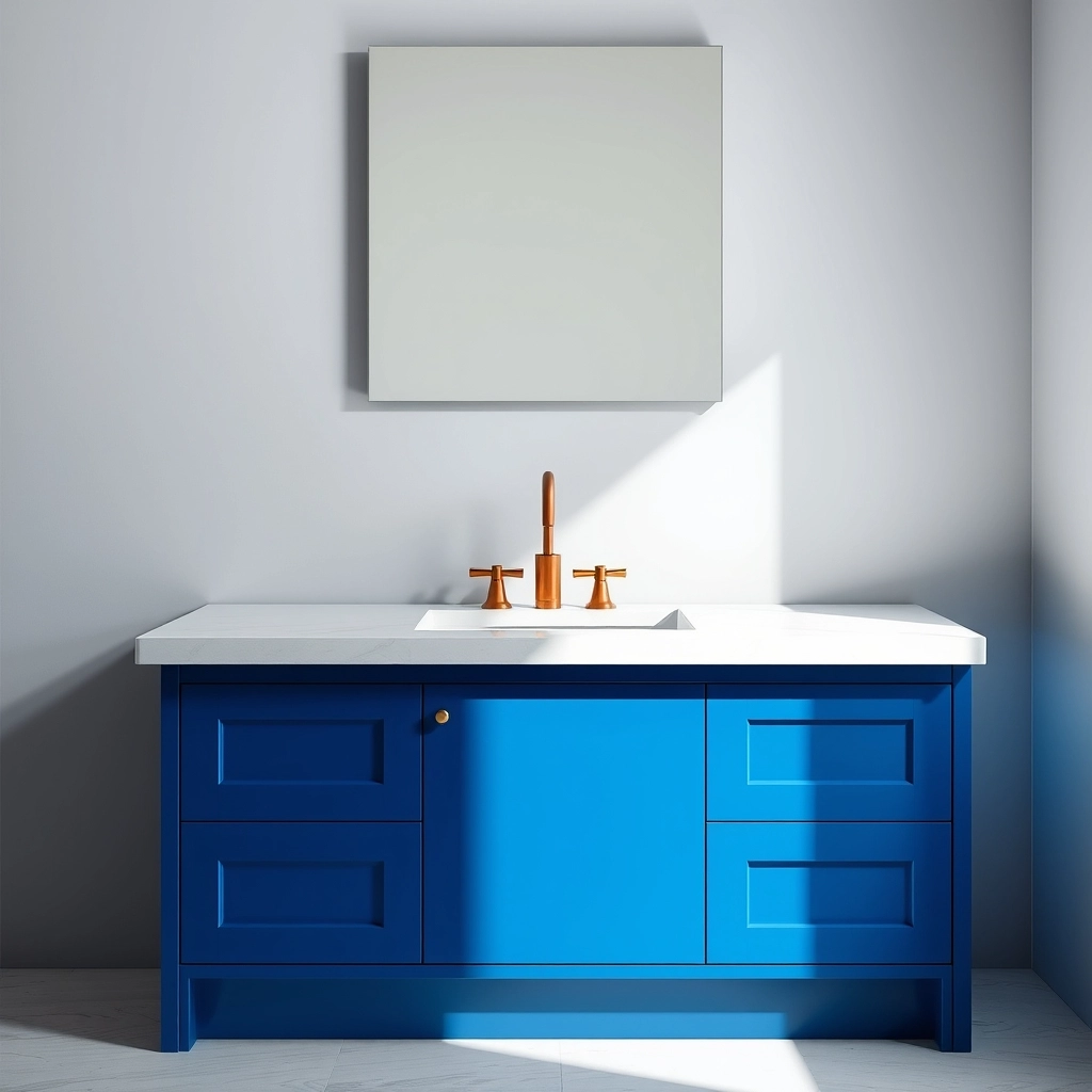 A bold bathroom featuring an electric blue vanity and unlacquered copper faucets as part of "Colorful Bathroom Remodel Ideas".