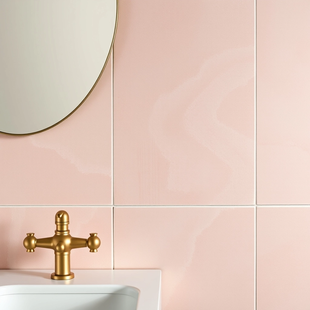 Sophisticated pink and green bathroom design featuring dusty rose Zellige wall tiles.
