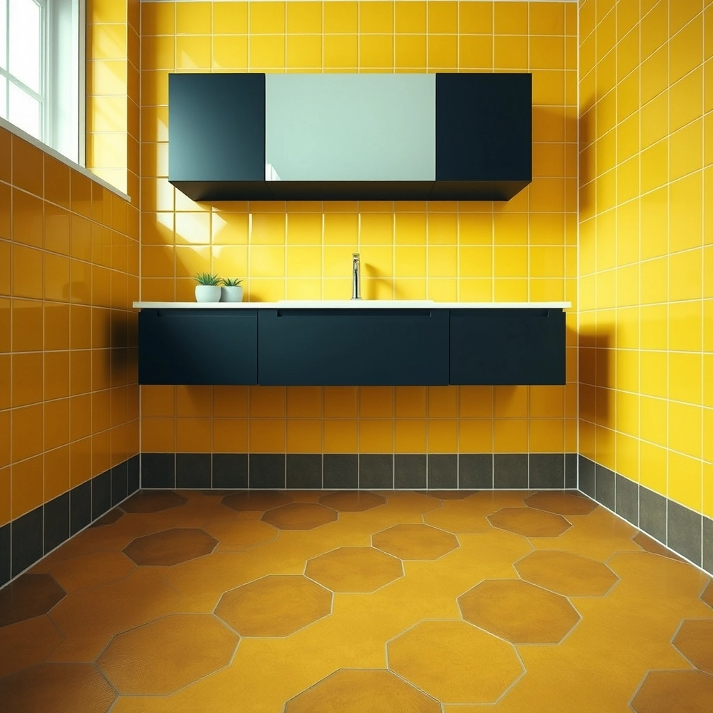 Retro-style mustard yellow bathroom tiles paired with a modern black vanity.
