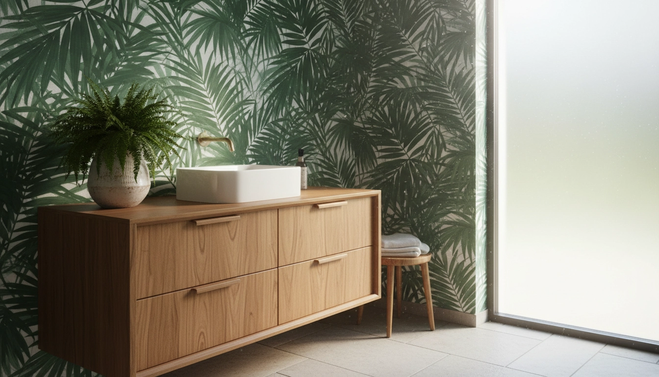 Tropical bathroom remodel featuring green palm leaf wallpaper and natural teak wood vanity.