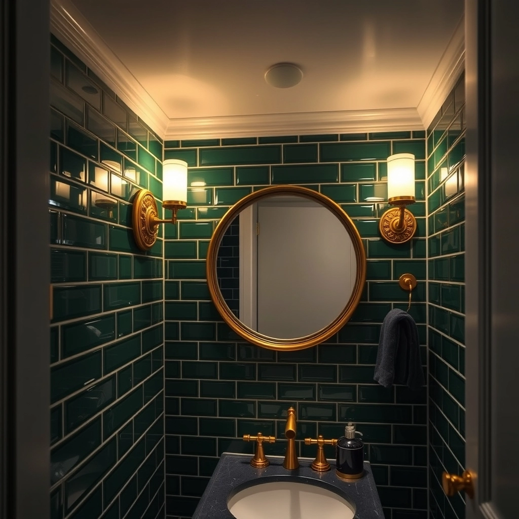 A small powder room with emerald green walls and warm sconce lighting.