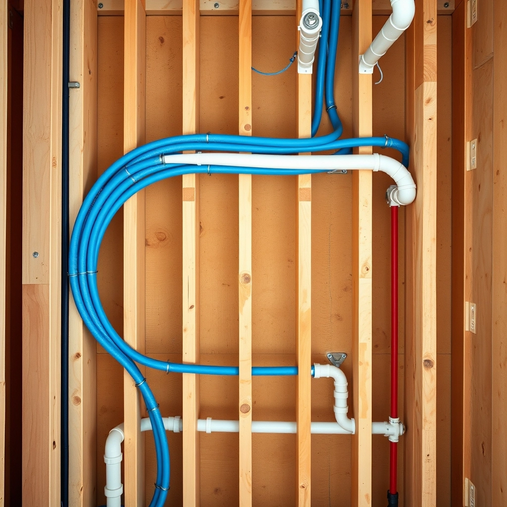 Close-up of copper supply lines and PVC waste lines installed within wooden wall studs.