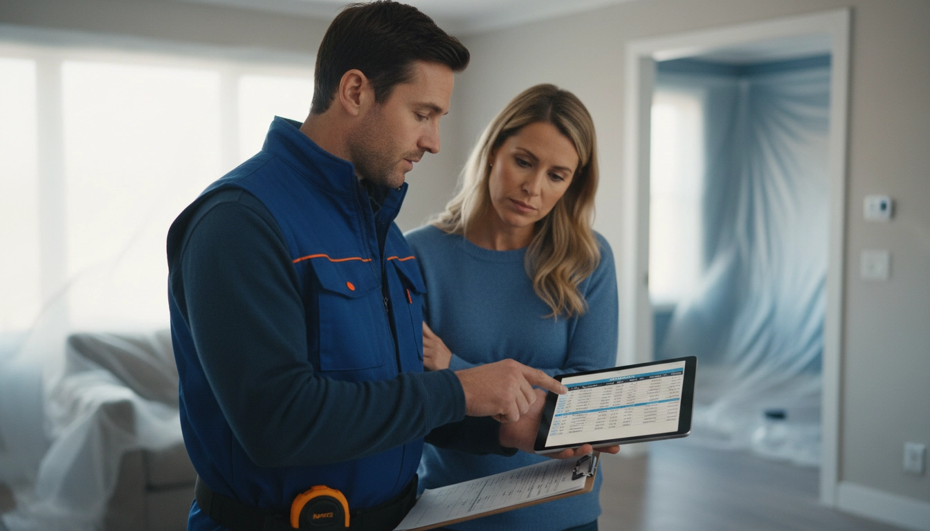 A contractor in a high-vis vest holding a clipboard and pointing to a budget breakdown for the cost to add a bathroom.