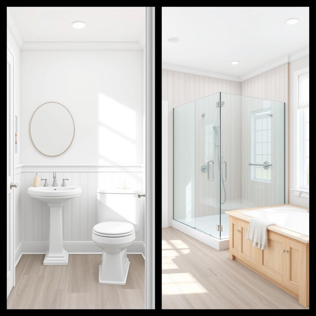 A split-screen style image showing a small powder room on one side and a large walk-in shower on the other.