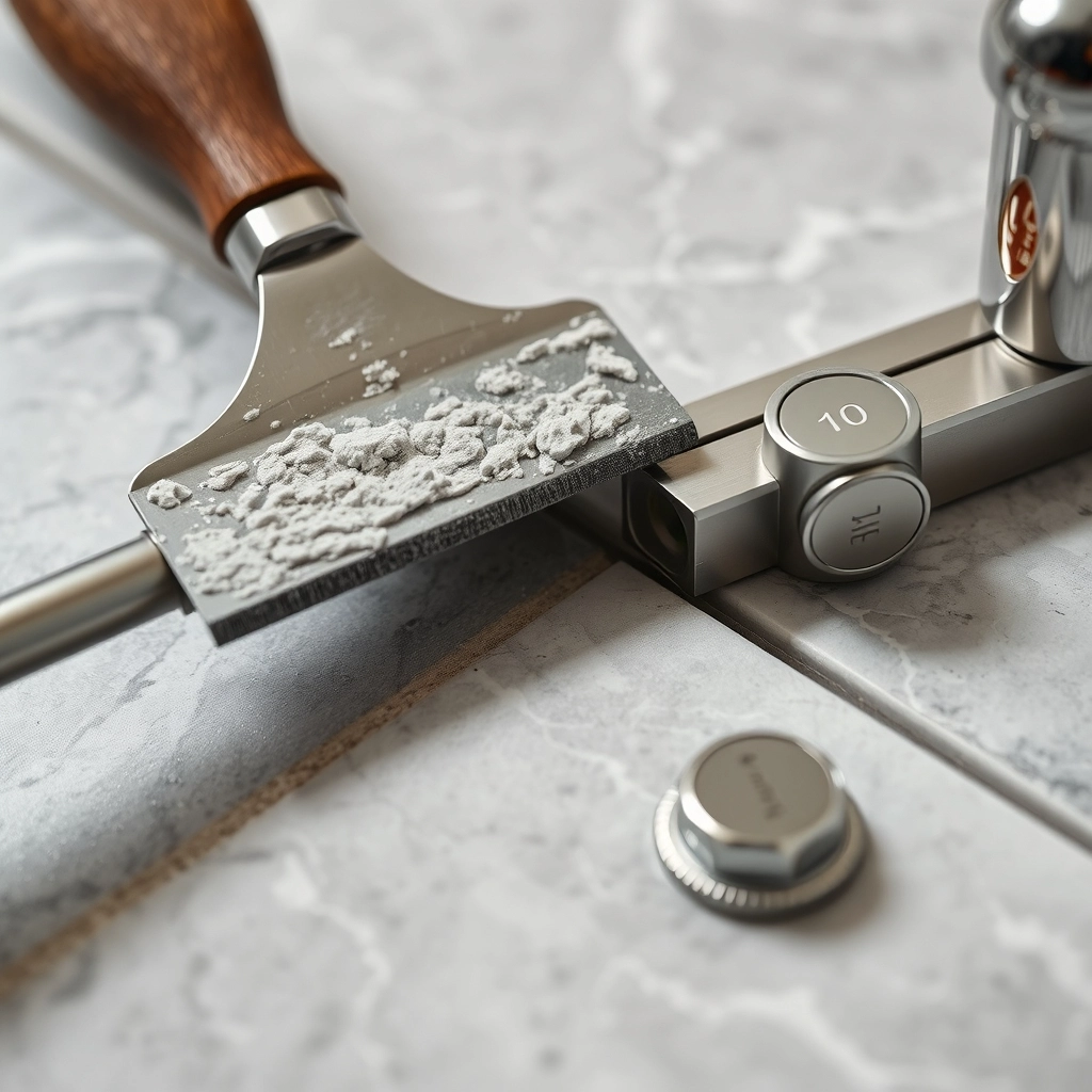 A tiler carefully laying expensive porcelain tiles in a small bathroom space.