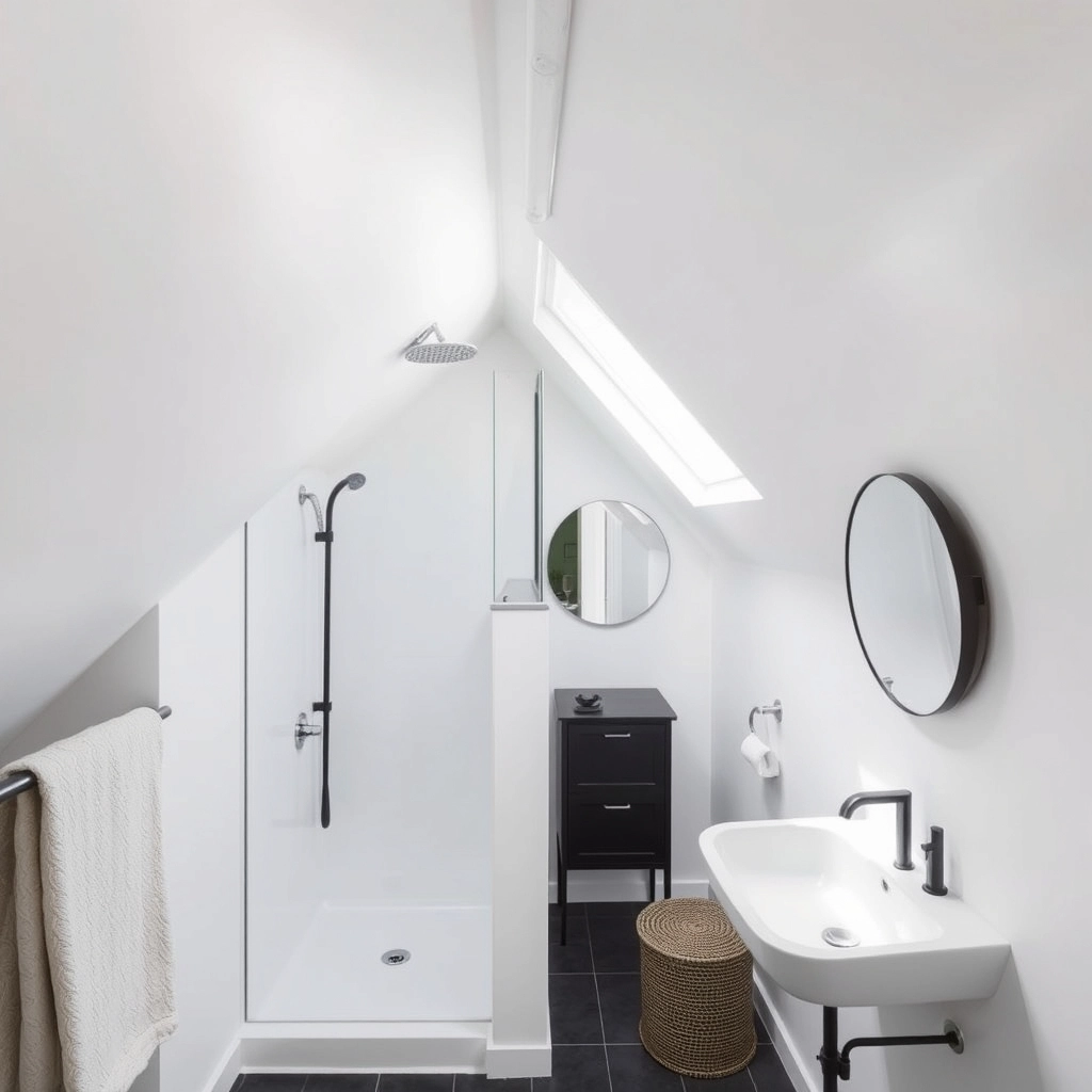 A modern bathroom built into an attic space showing the challenges of a sloped roofline.