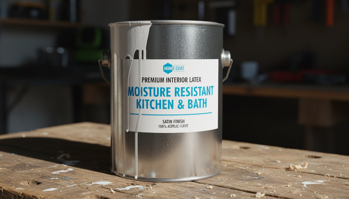 Close-up of a high-quality antimicrobial paint can designed for high-moisture bathroom environments.