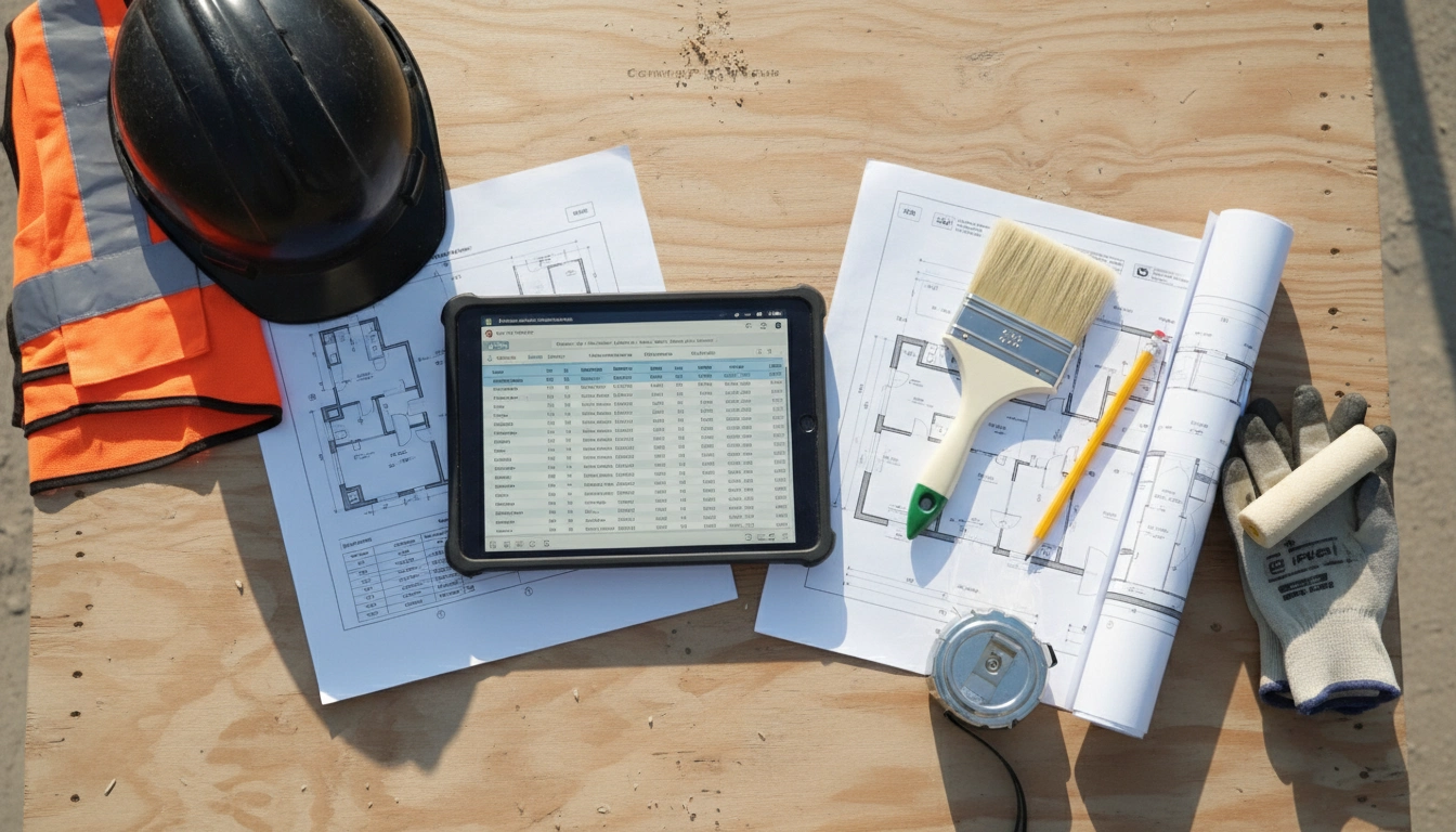 A digital tablet showing a renovation budget next to a professional paint brush and roller, illustrating the cost to repaint a bathroom.