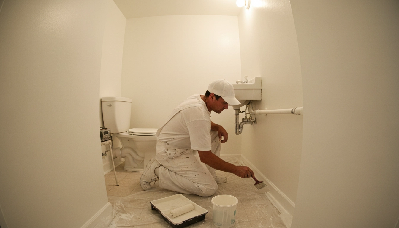 A professional painter carefully using a brush to paint the narrow wall space behind a bathroom toilet.