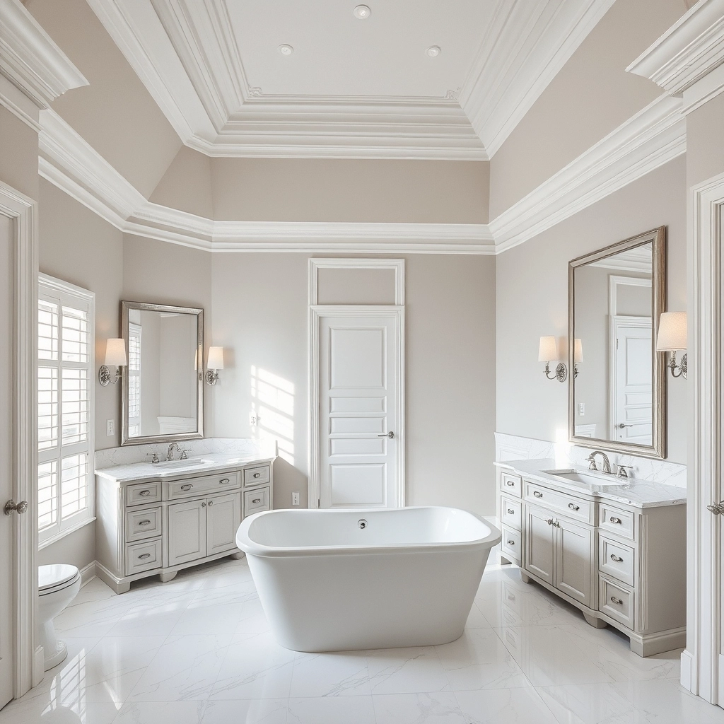 A wide-angle view of a luxury master bathroom featuring a large soaking tub and extensive cabinetry requiring detail painting.