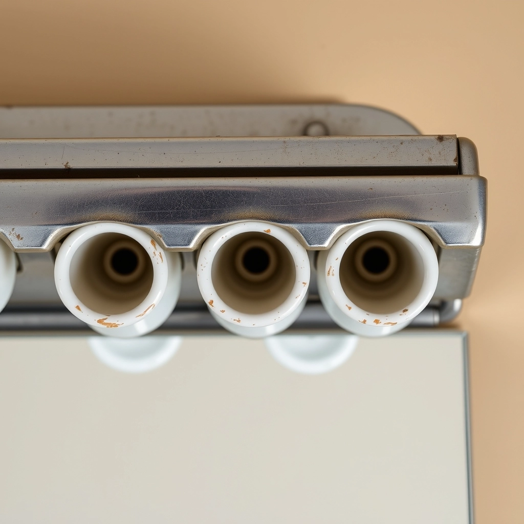 Close-up of an old metal bathroom light fixture housing with the bulbs removed to show the sockets.