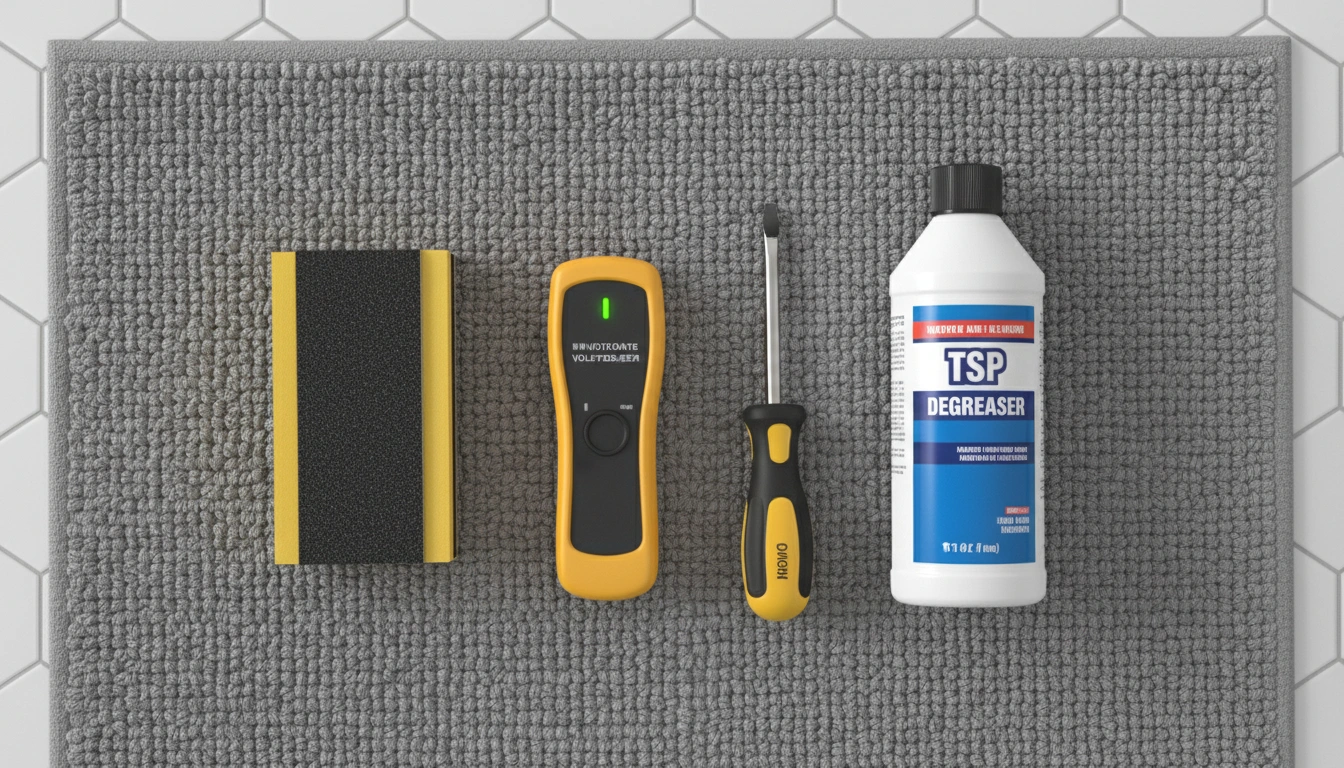 A collection of tools for a DIY bathroom light fixture makeover including a voltage tester and sandpaper.