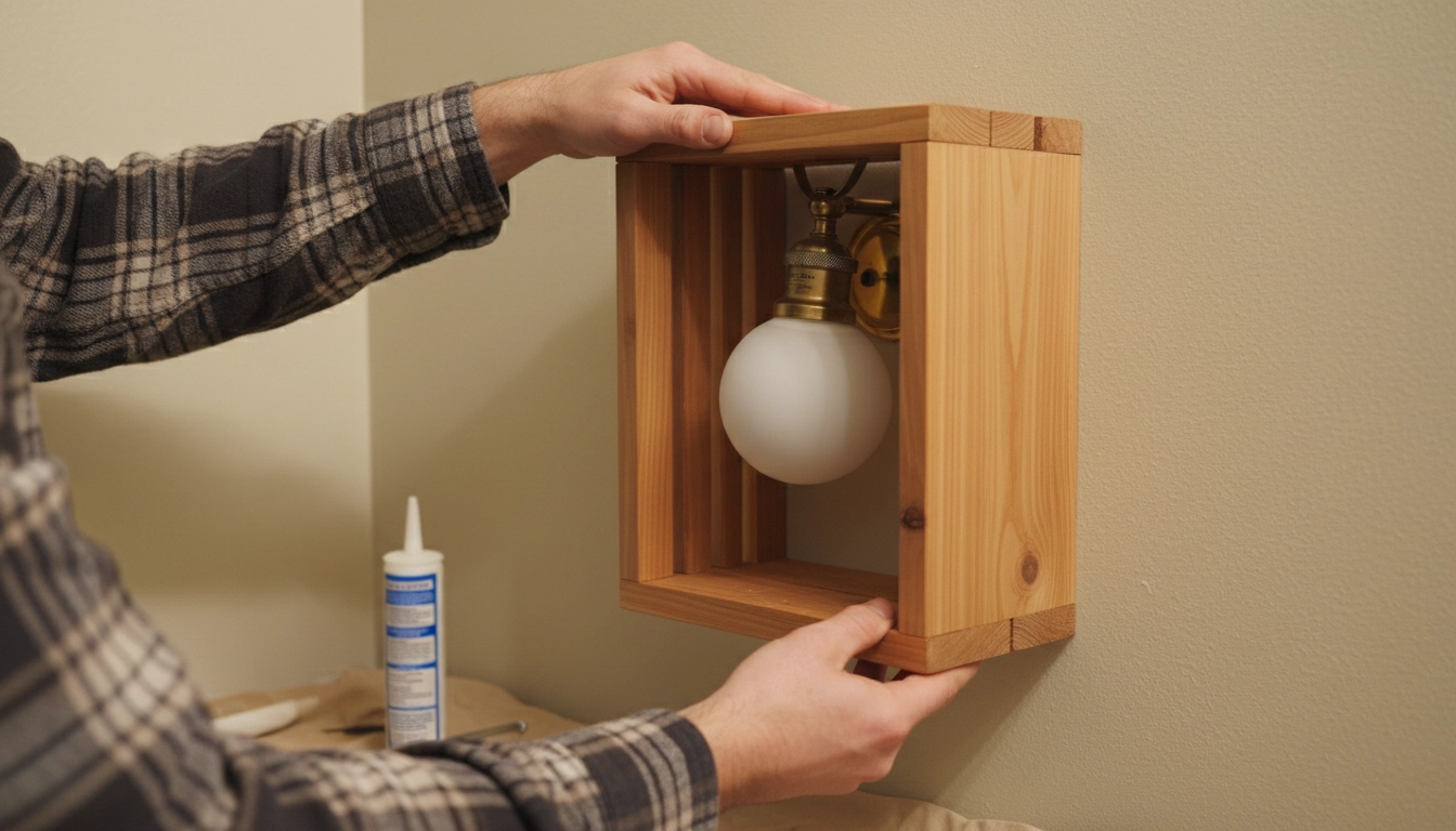 A simple three-sided cedar wood frame being held up to cover an old-fashioned globe light fixture.