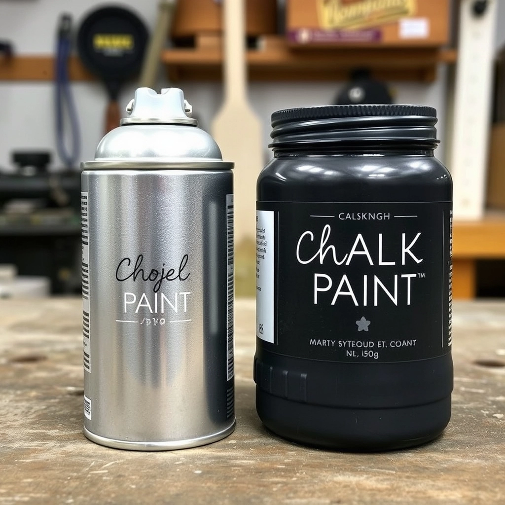 A can of metallic spray paint next to a jar of matte black chalk paint on a DIY workbench.