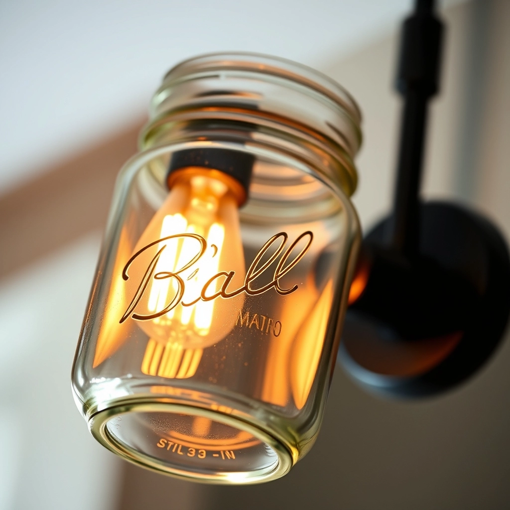 A wide-mouth mason jar being used as a glass shade on a modern farmhouse style light fixture.
