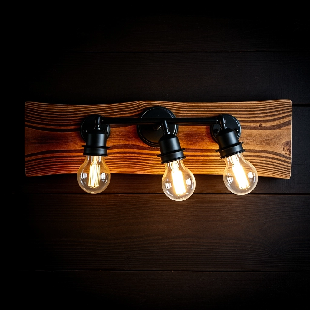 An old vanity light fixture mounted onto a piece of dark reclaimed wood with bulbs pointing downward.