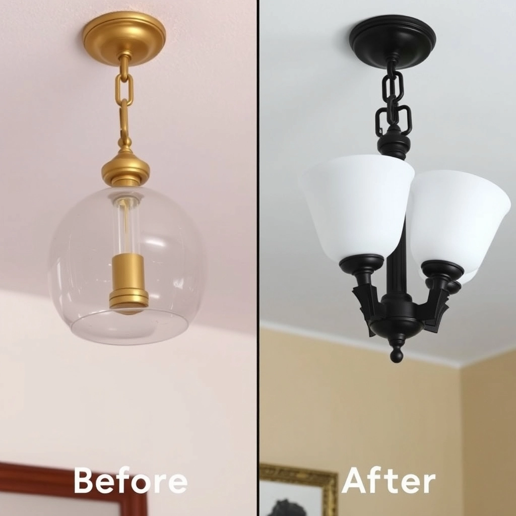 Side-by-side comparison of a dated gold bathroom light and the same light updated with black paint and new shades.