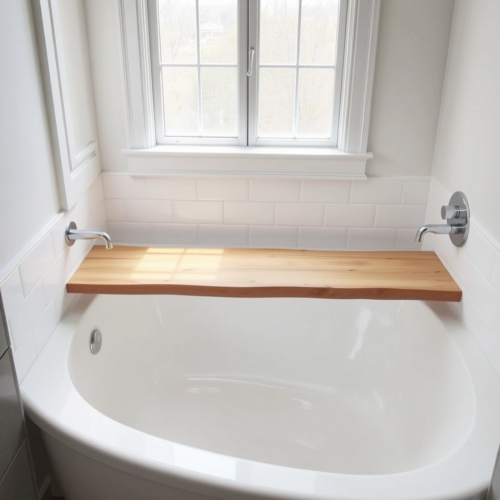 A wide shot of a wooden board acting as a bridge across a bathtub.