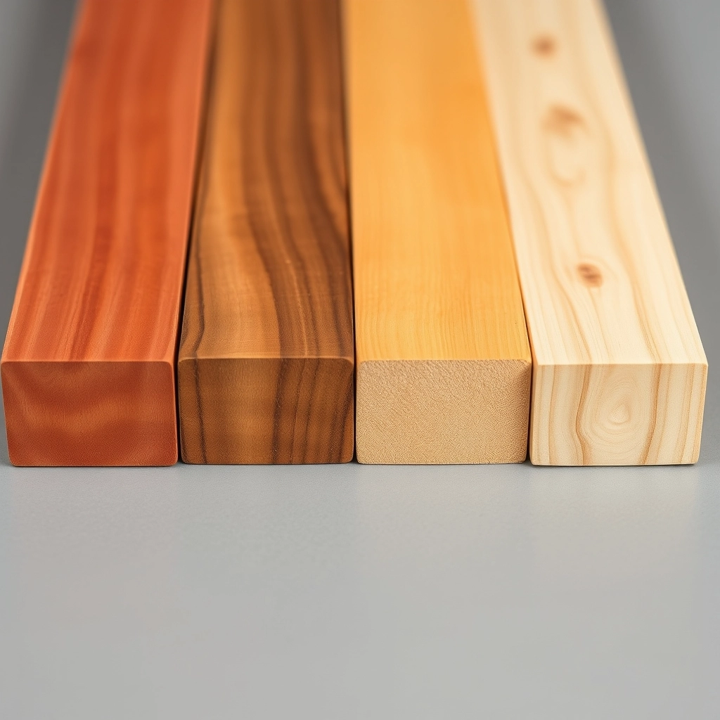 Close-up of different wood grains including cedar, teak, and pine for a DIY bathroom tray project.