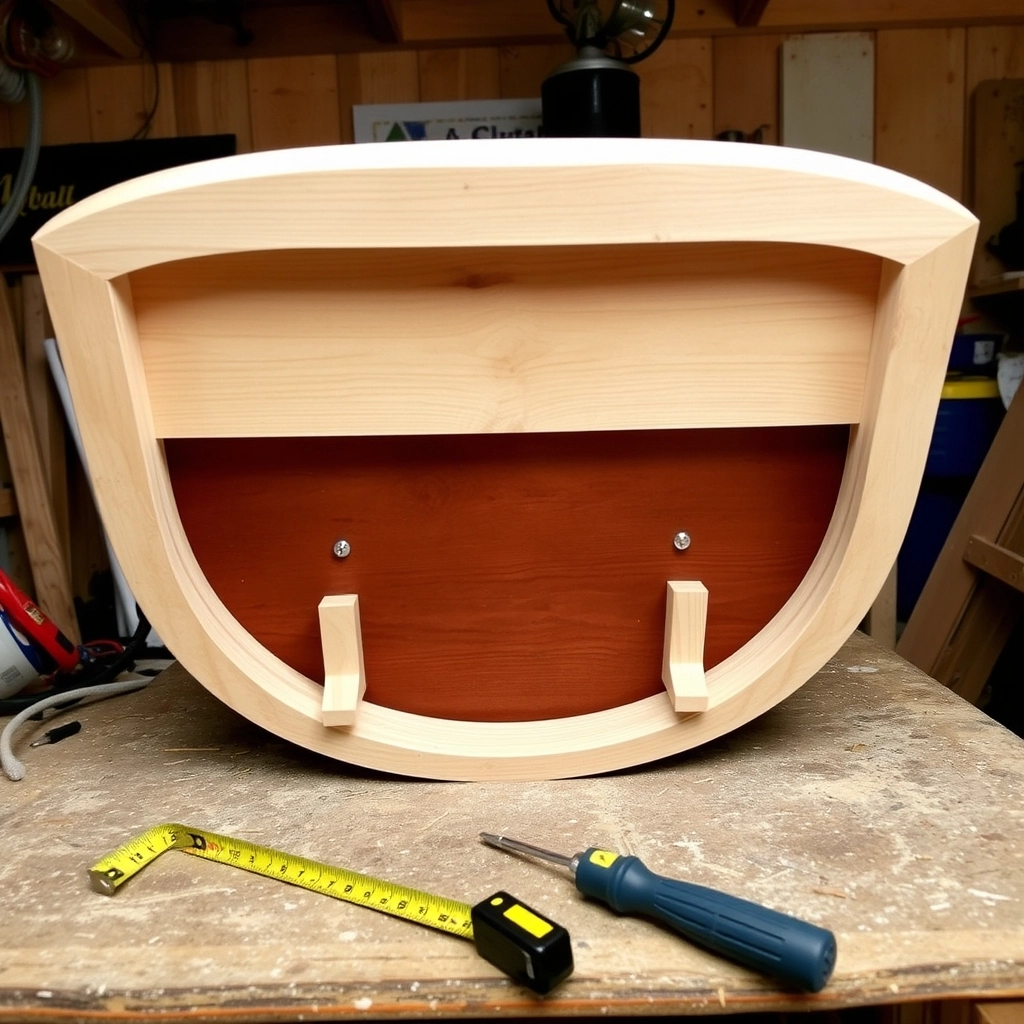 The bottom of a DIY bathroom tray showing two wooden cleats screwed in to prevent the tray from sliding.