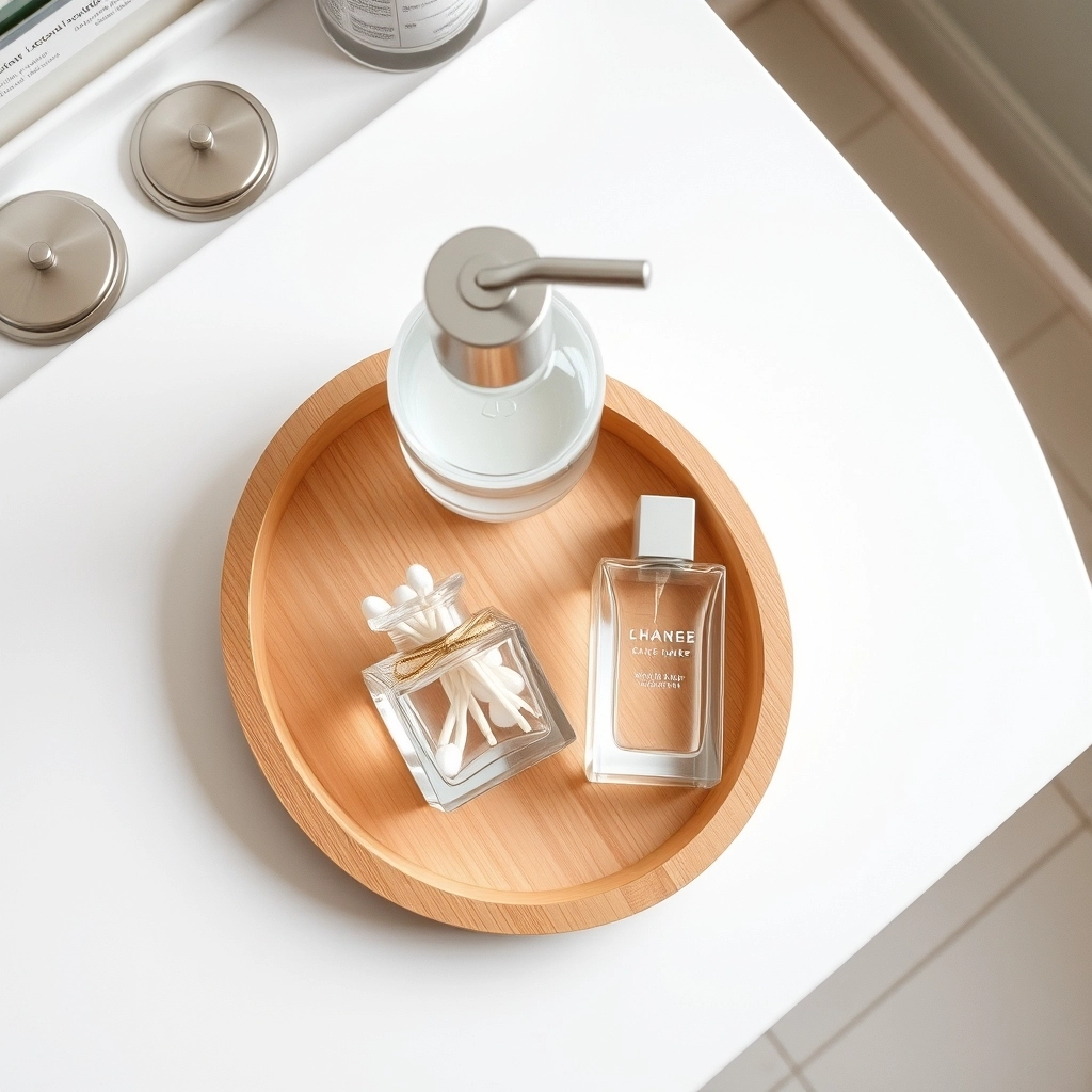 A small wooden tray on a marble bathroom counter holding a soap dispenser, a candle, and a small glass jar.