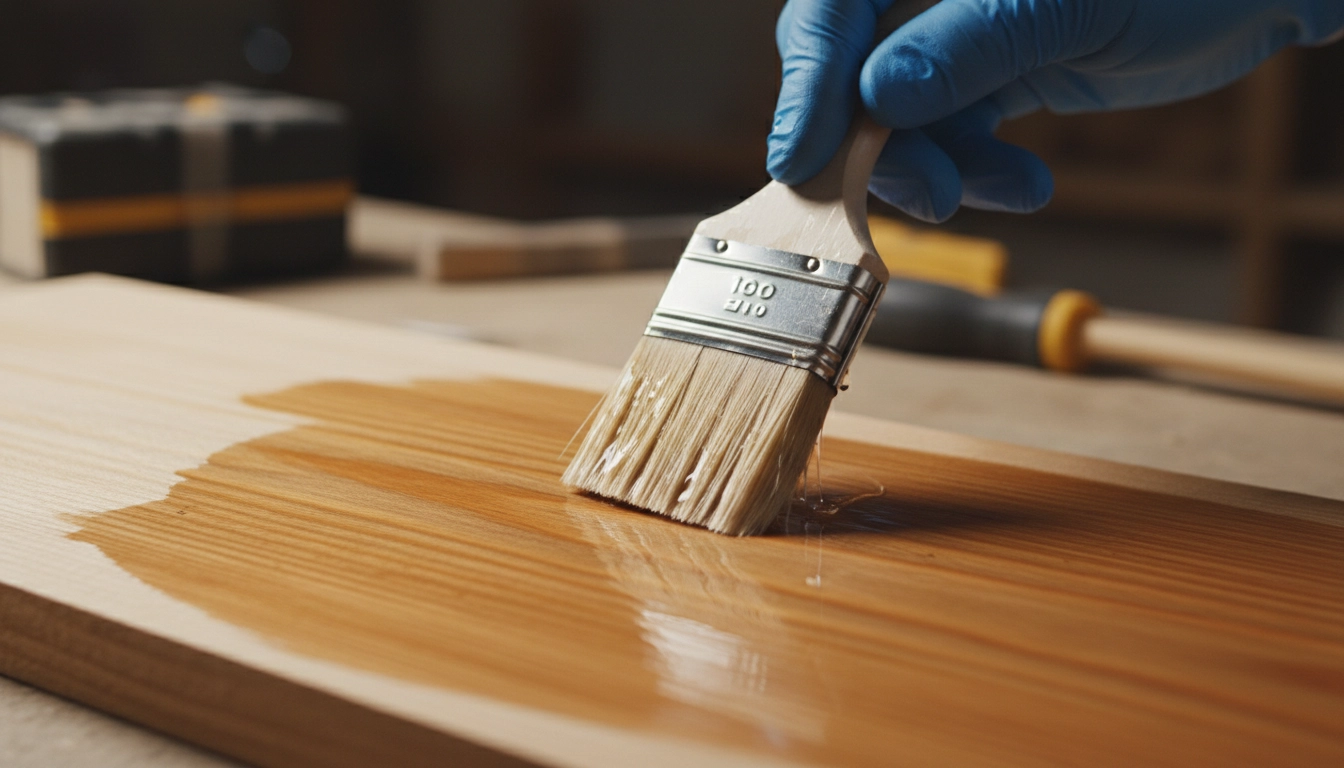 A hand using a brush to apply a clear coat of spar urethane to a DIY bathroom tray.