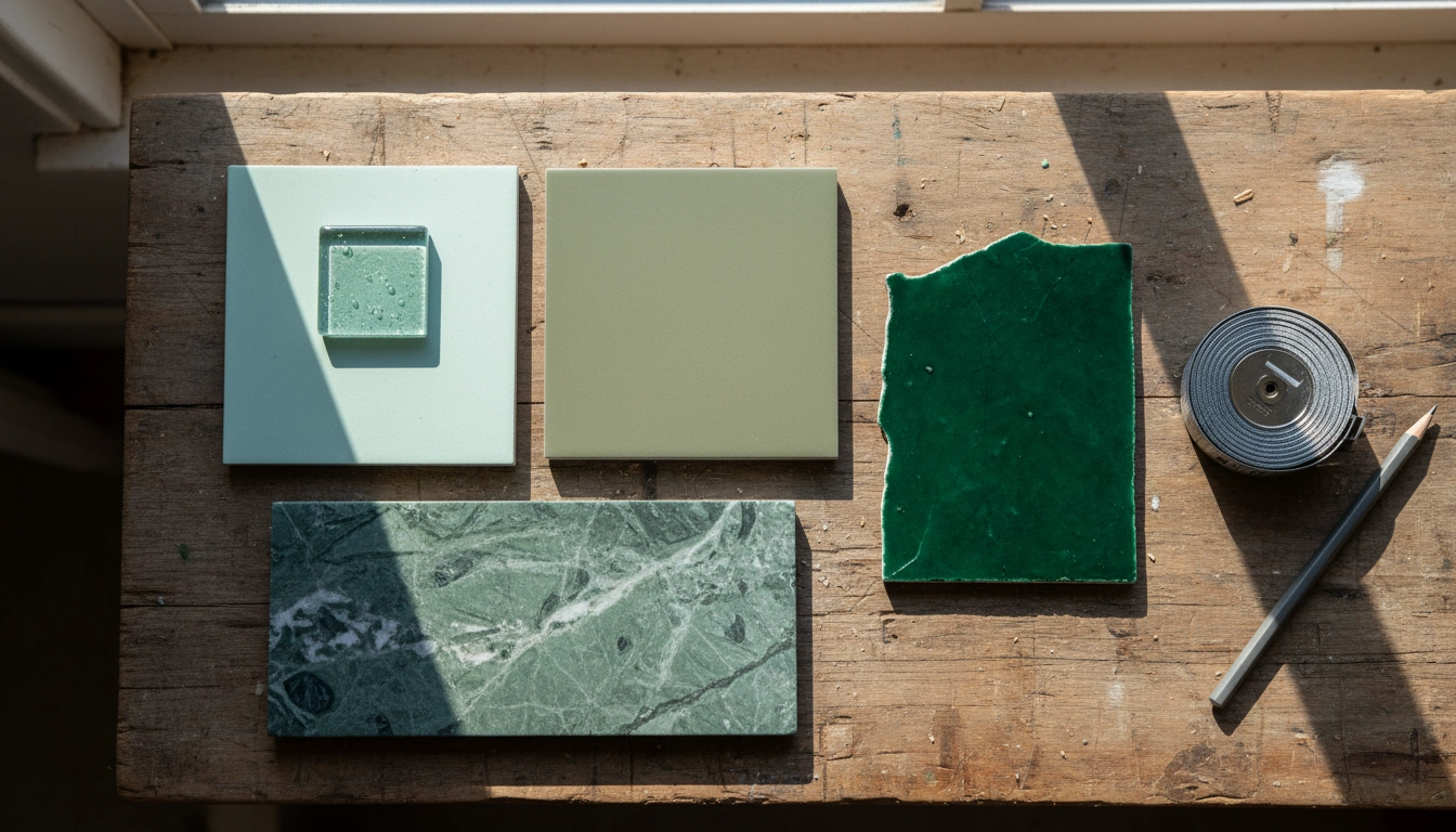 A collection of different Green Tile Bathroom samples including marble, glass, and porcelain.