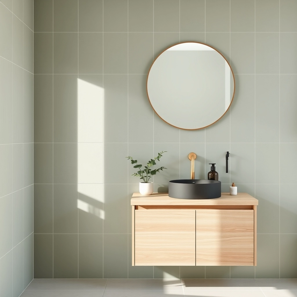 A serene Green Tile Bathroom featuring large-format sage green tiles and a light oak vanity.