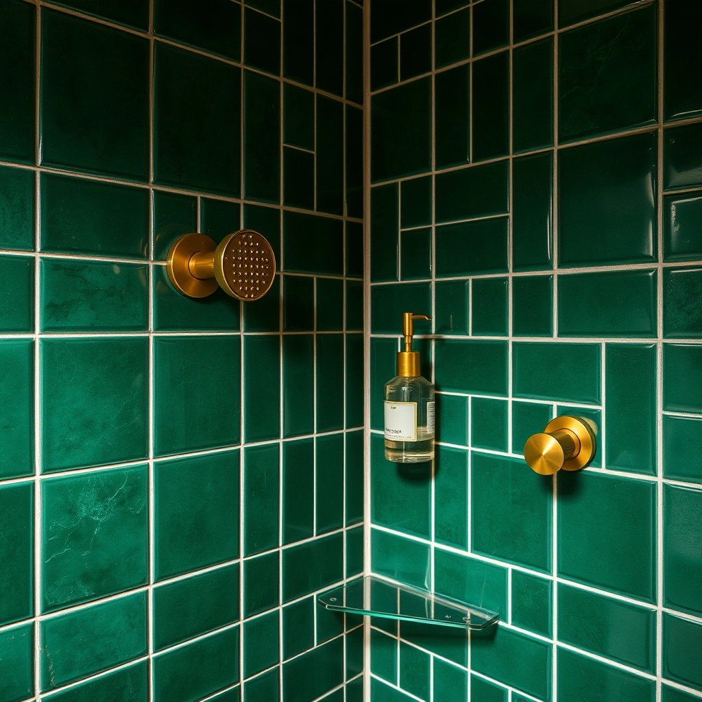 A bold and luxurious Green Tile Bathroom with emerald green zellige tiles and brass fixtures.