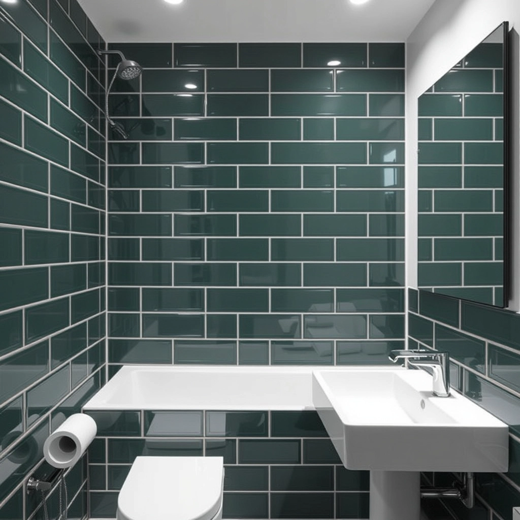 Modern vertical stack layout in a Green Tile Bathroom using forest green subway tiles.