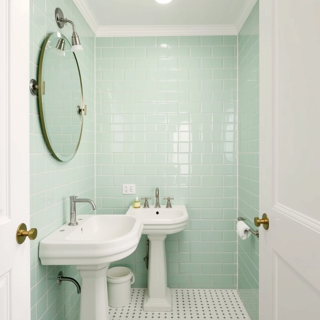 A small Green Tile Bathroom using reflective mint green tiles to create a sense of space.