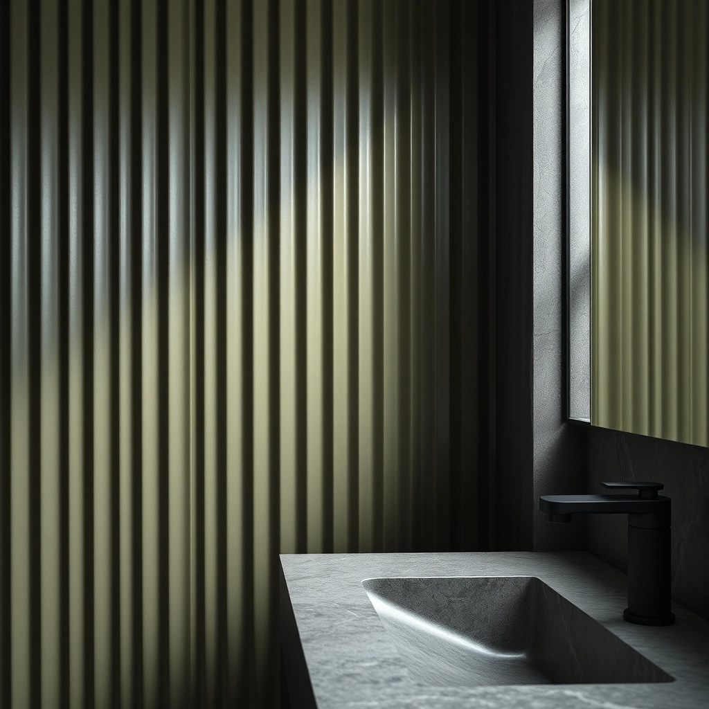 A futuristic 2026 Green Tile Bathroom design featuring olive green kit-kat tiles and raw stone.