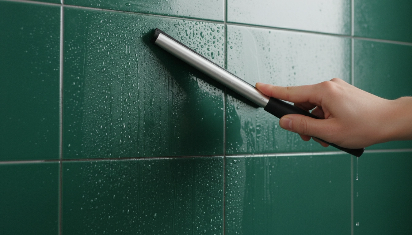 A person using a squeegee on a dark Green Tile Bathroom wall to prevent water spots.