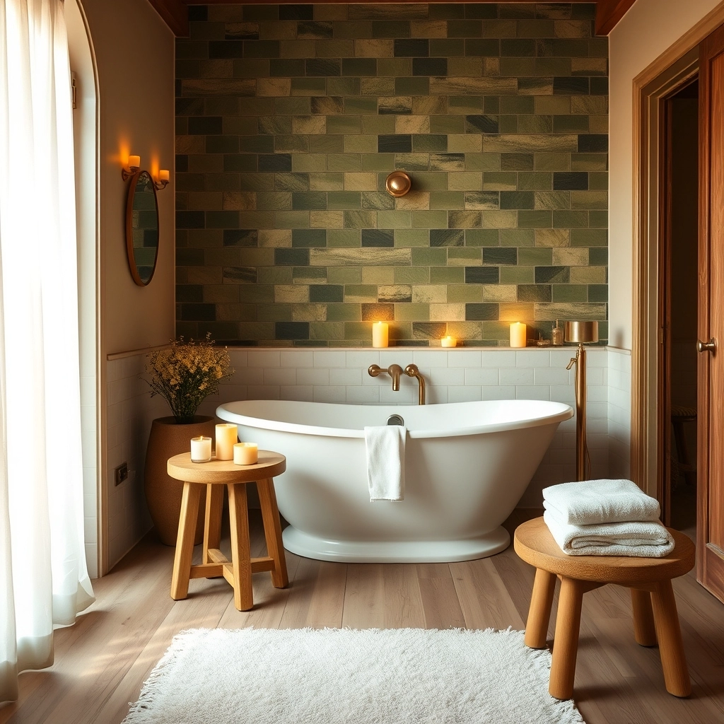 A completed and restorative Green Tile Bathroom sanctuary with a soaking tub.