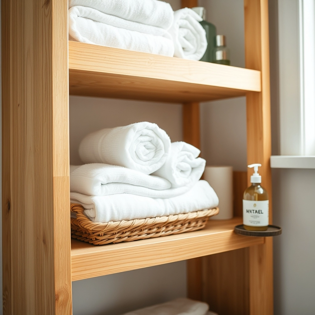 Open shelving in a bathroom displaying Guest Bathroom Decorating Ideas such as rolled white towels and a basket of toiletries.