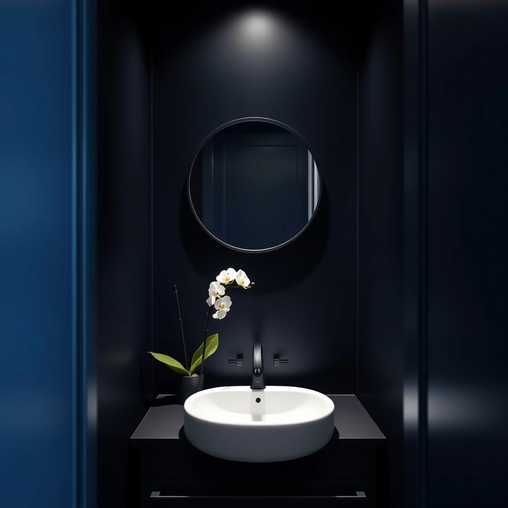 A small bathroom with deep navy walls and brushed brass fixtures showcasing budget-friendly Guest Bathroom Decorating Ideas.