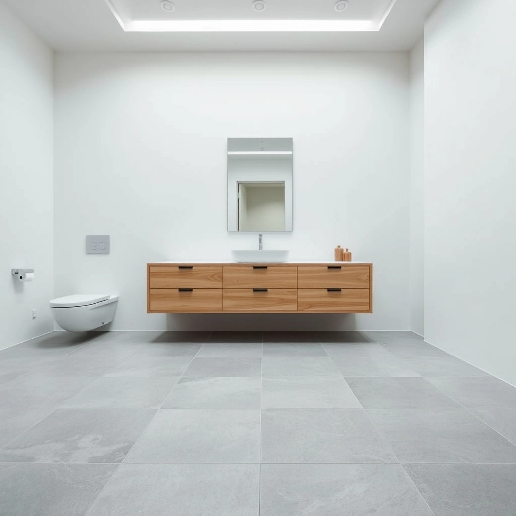 A minimalist guest bathroom featuring a floating wood vanity and large-format grey porcelain tiles for modern Guest Bathroom Decorating Ideas.