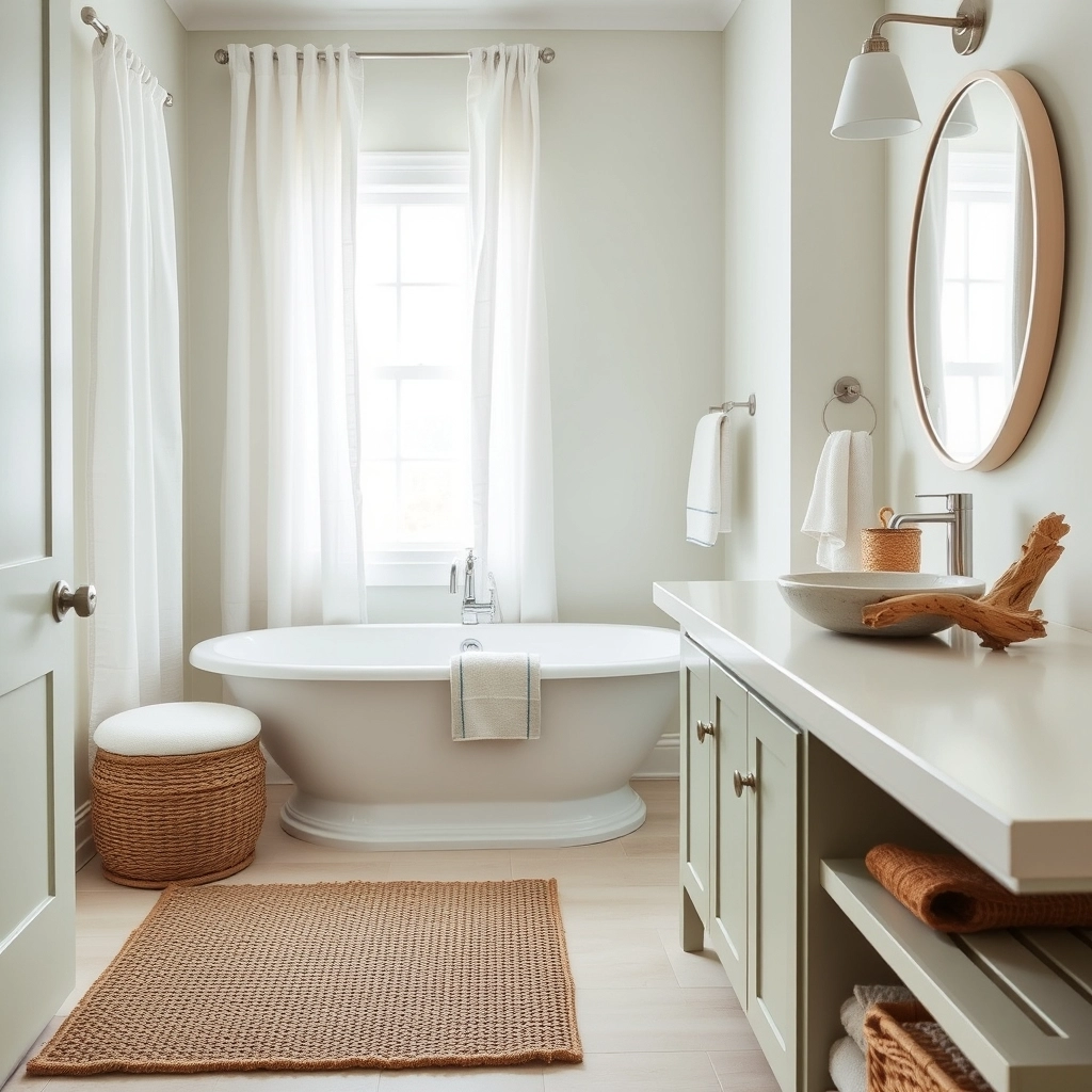 A bright bathroom with seafoam green accents and a jute rug representing coastal Guest Bathroom Decorating Ideas.
