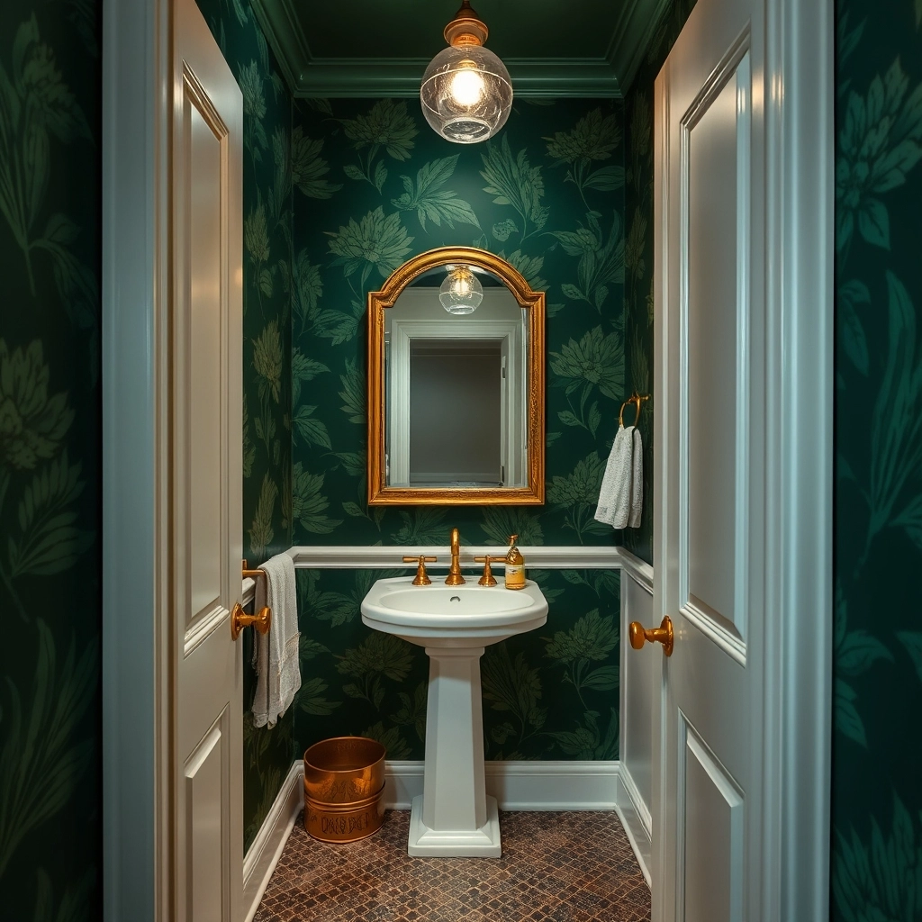 A tiny powder room with dramatic floral wallpaper and a pedestal sink showing creative Guest Bathroom Decorating Ideas.
