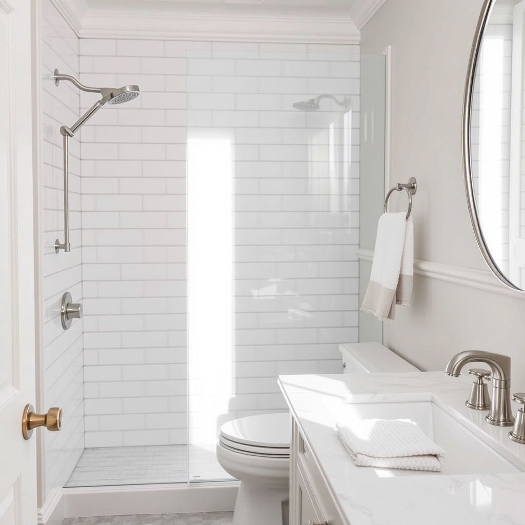 A timeless bathroom design with white subway tiles and marble counters, a staple of Guest Bathroom Decorating Ideas.