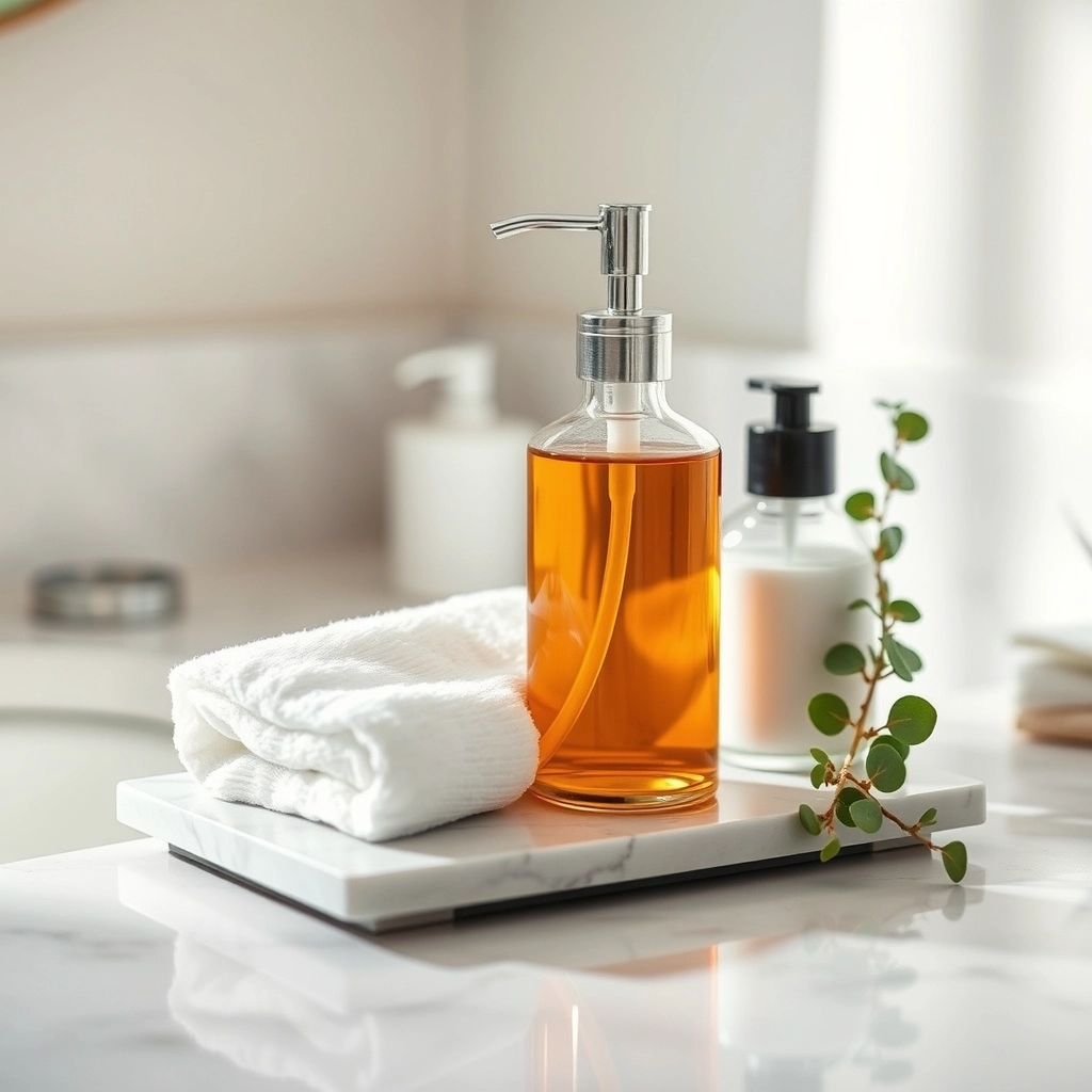 A guest bathroom counter prepared with fresh towels and high-quality soap, illustrating Guest Bathroom Ideas for hospitality.