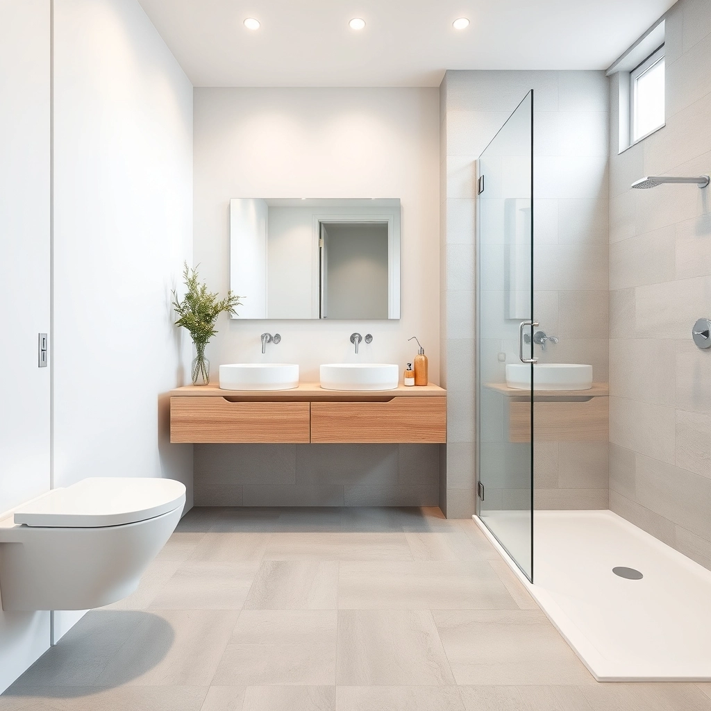 A compact room utilizing Small Guest Bathroom Ideas like a floating vanity and large floor tiles to create space.
