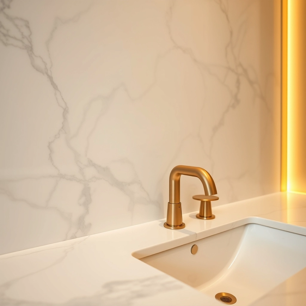 A luxury guest bathroom featuring white marble walls and brushed gold hardware for a high-end hotel feel.