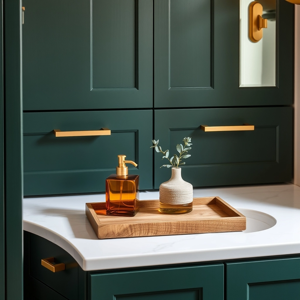 Budget-friendly Guest Bathroom Ideas showing a navy blue wall and upgraded matte black cabinet pulls.