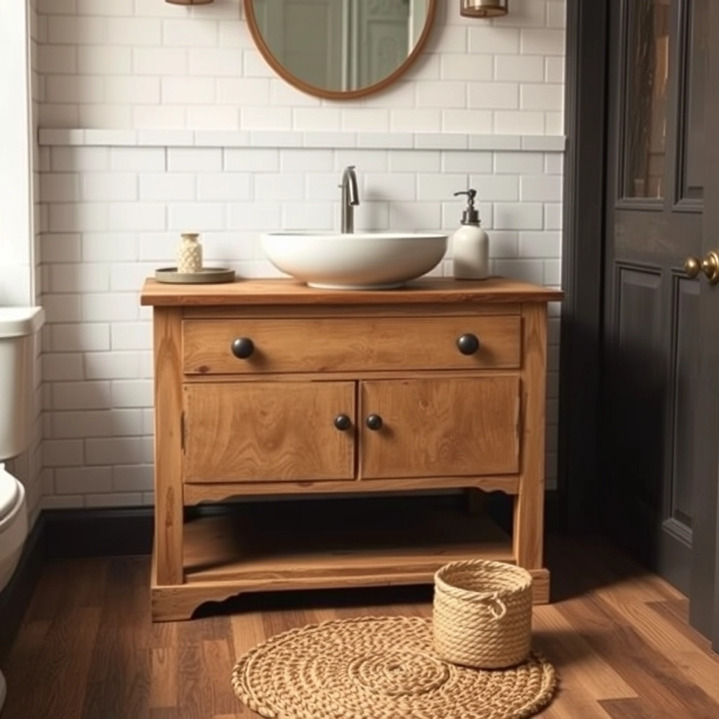 A rustic guest bathroom featuring a reclaimed wood vanity and classic white subway tiles with grey grout.