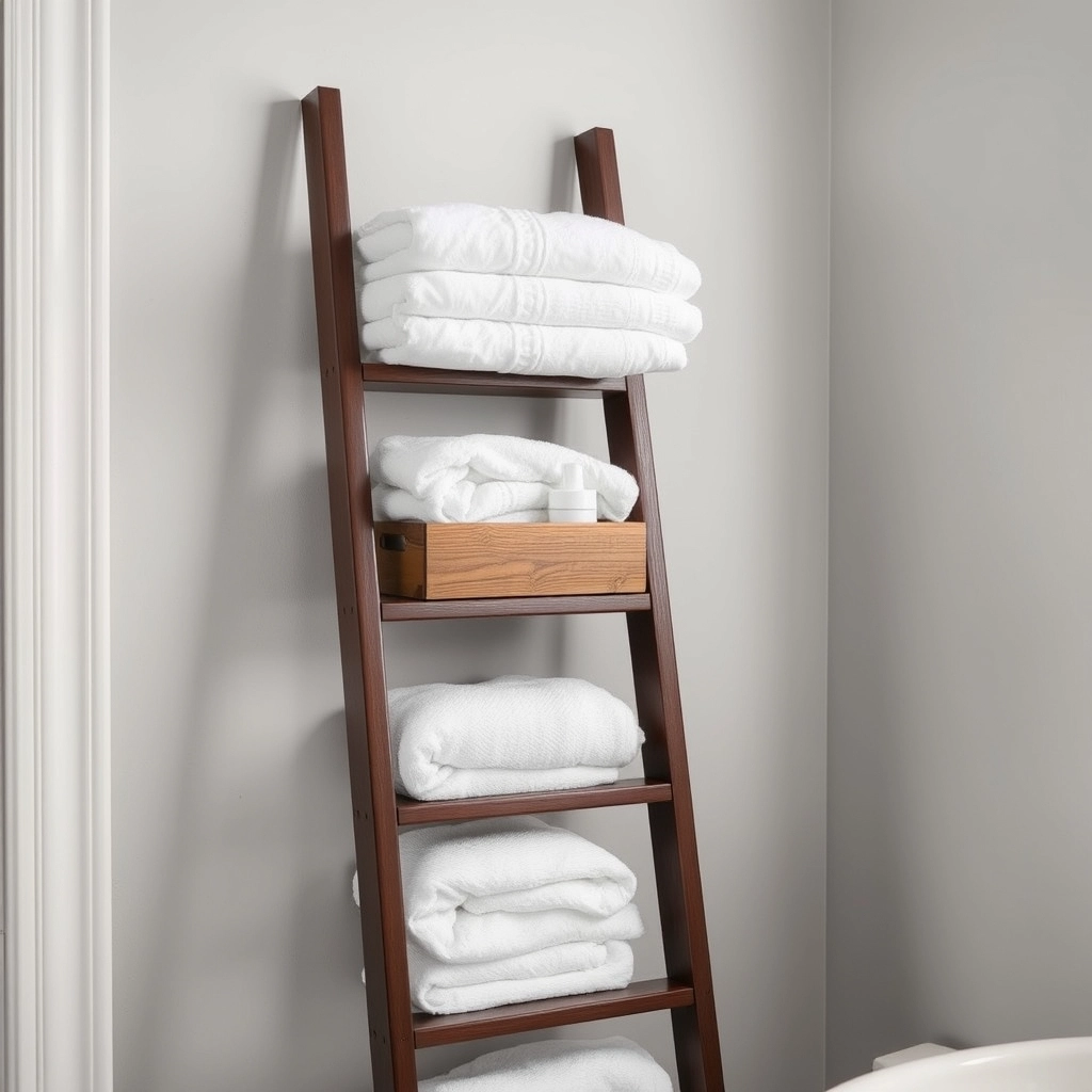 A wooden ladder shelf used for Guest Bathroom Ideas regarding open and accessible towel storage.
