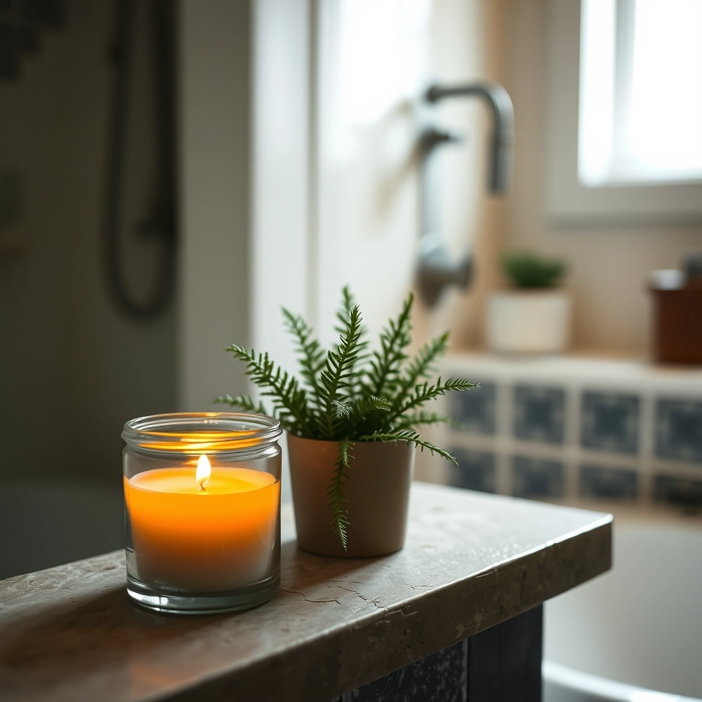 A peaceful guest bathroom scene with a lit candle and a small plant, summarizing cozy Guest Bathroom Ideas.